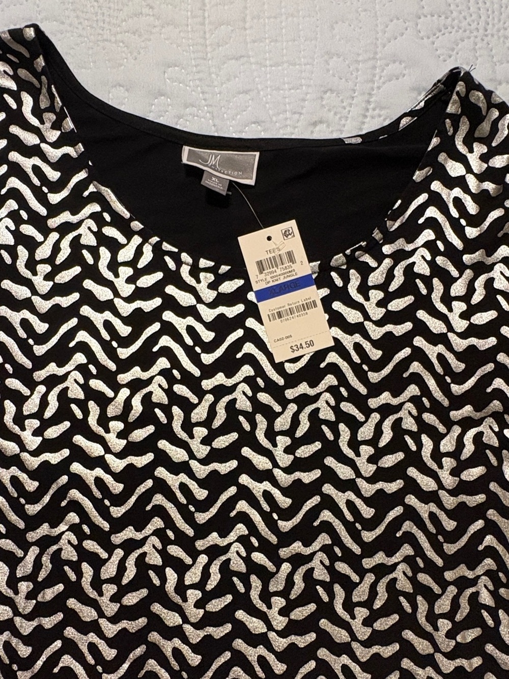 JM Collection Black Tunic with Silver Metallic Pattern Size XL